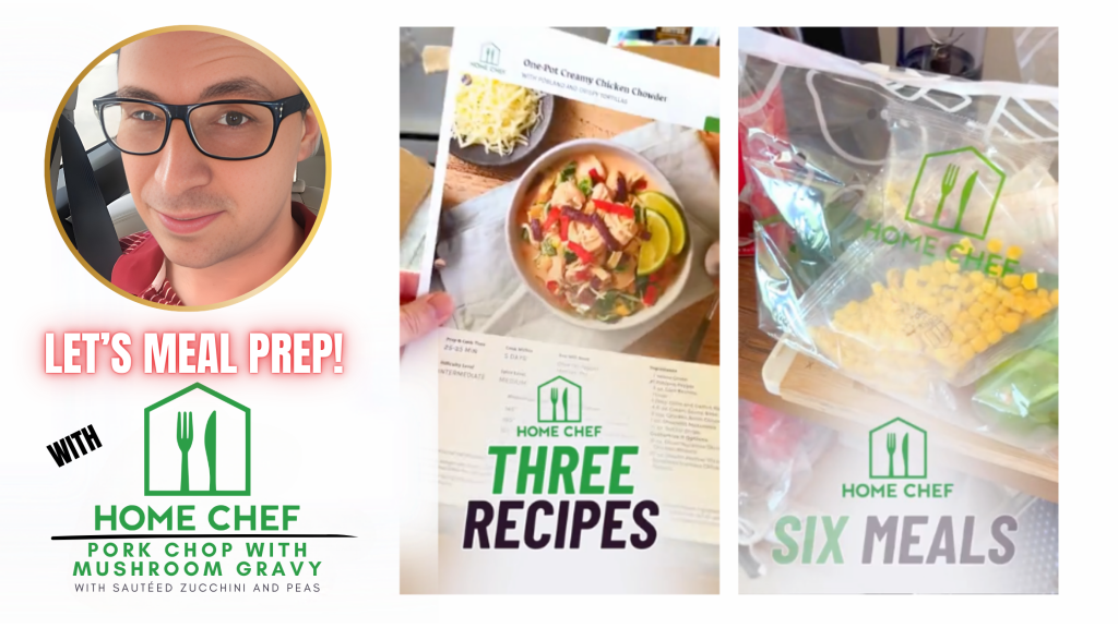 Home Chef meal kit ingredients and glass meal prep containers for easy and convenient meal prepping.
