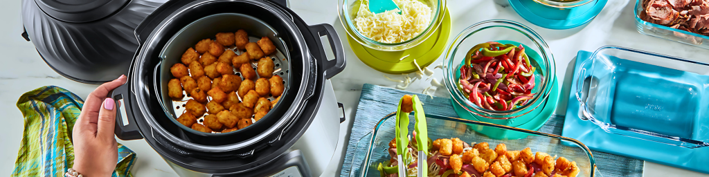 A variety of party dishes made with the Instant Pot Duo Crisp, displayed in a festive setting – The Ultimate In-Depth Instant Pot Duo Crisp Review 2024.